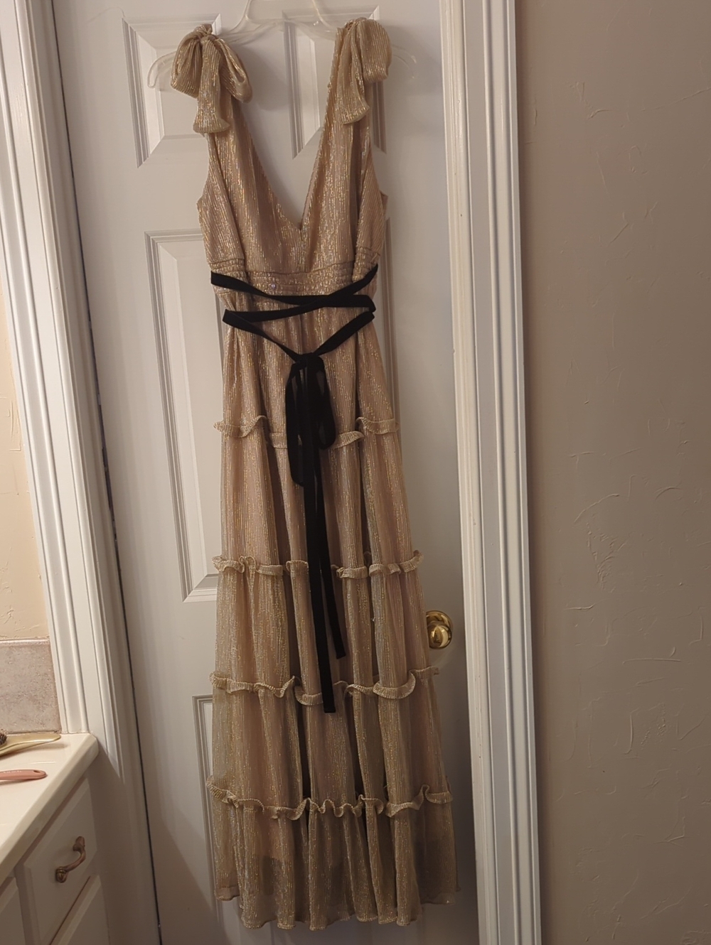 Gold Shimmery Maxi Dress with Black Velvet Wrap Belt